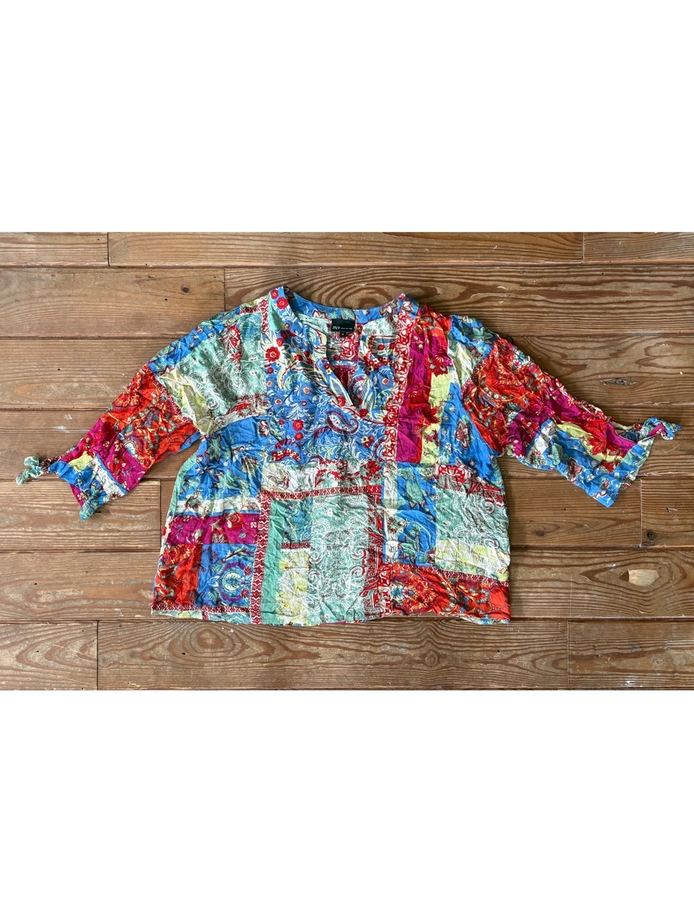 JNY Jones New York 1X Patchwork Floral Paisley Peasant Blouse Tie Sleeve Boho